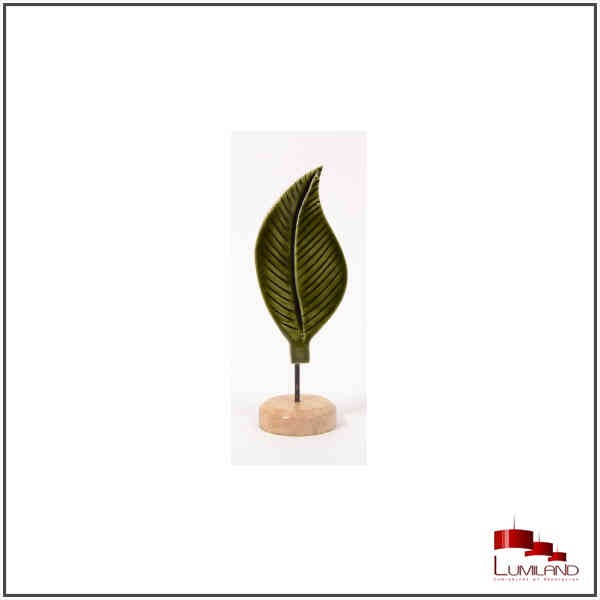Objet décoratif CATALPA, feuille verte en bois sur pied bois de 26cm