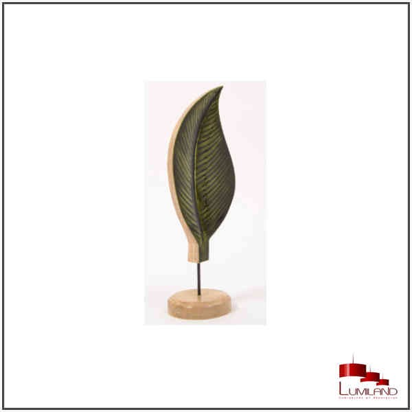 Objet décoratif CATALPA, feuille verte en bois sur pied bois de 36cm