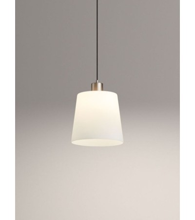 Suspension DEKO – Luminaire laiton mat, abat-jour en verre blanc.