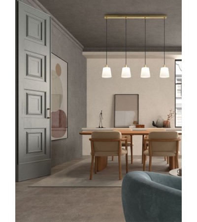 Suspension DEKO – Luminaire laiton mat, abat-jour en verre blanc.