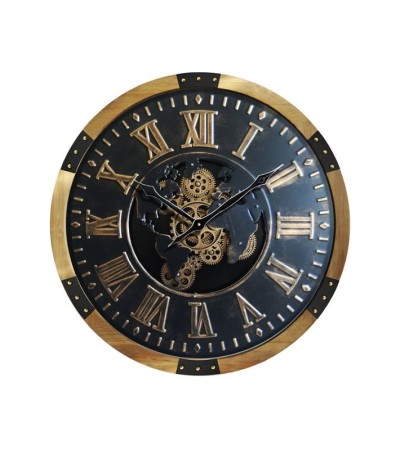 Horloge murale engrenages 64 cm – Carte du monde, design industriel