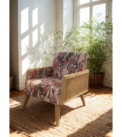 Fauteuil ZEINA cannage fleuri rose – Style bohème chic 77 cm
