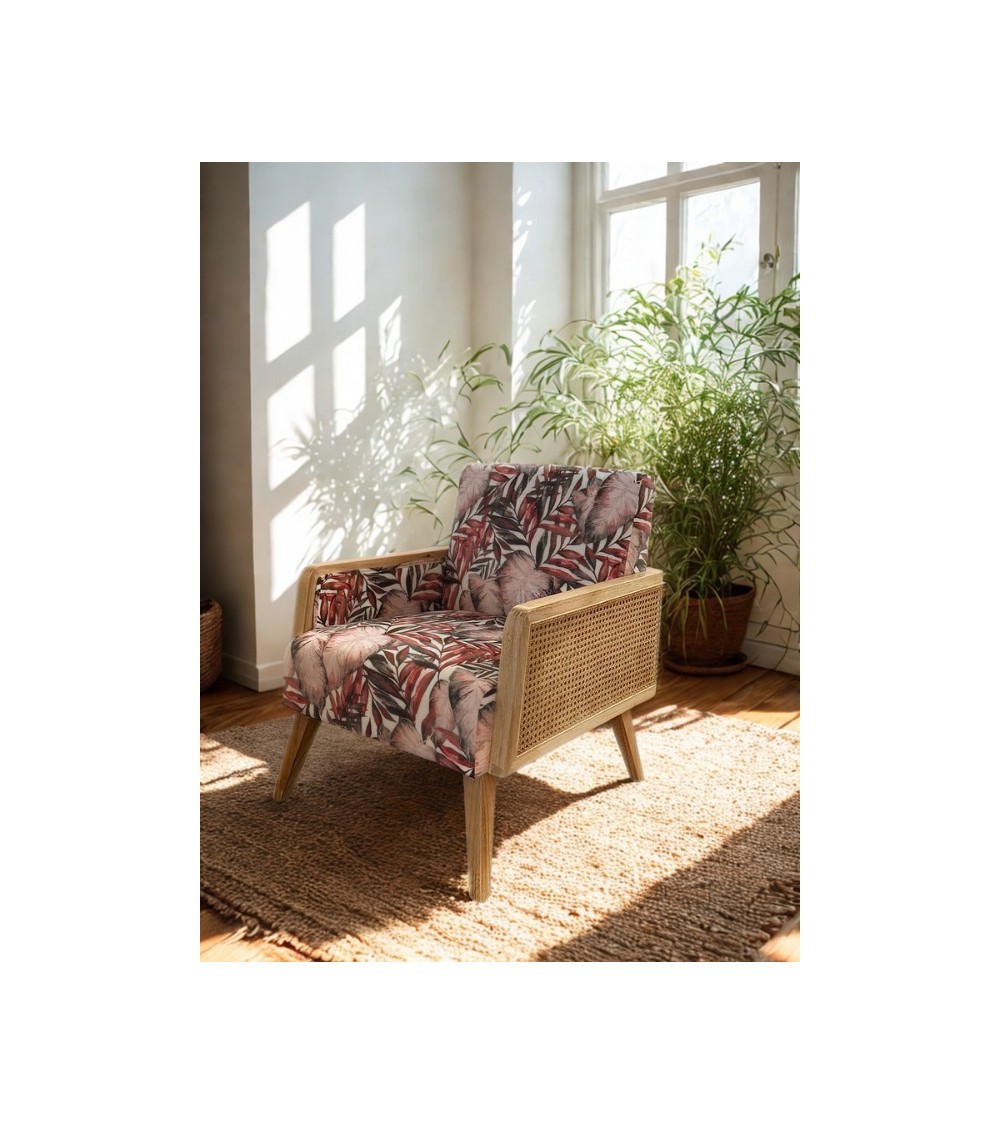 Fauteuil ZEINA cannage fleuri rose – Style bohème chic 77 cm Fauteuil ZEINA cannage fleuri rose – Style bohème chic 77 cm