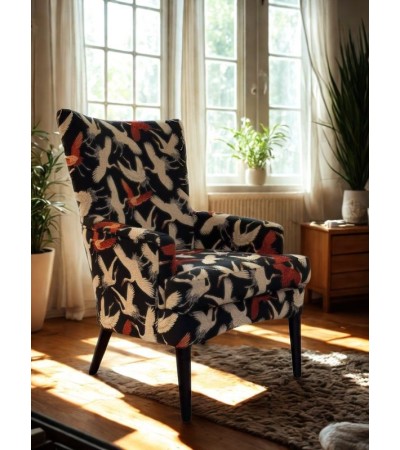 Fauteuil Silver GRANDBIRD tissu oiseaux – Style japonais 98 cm