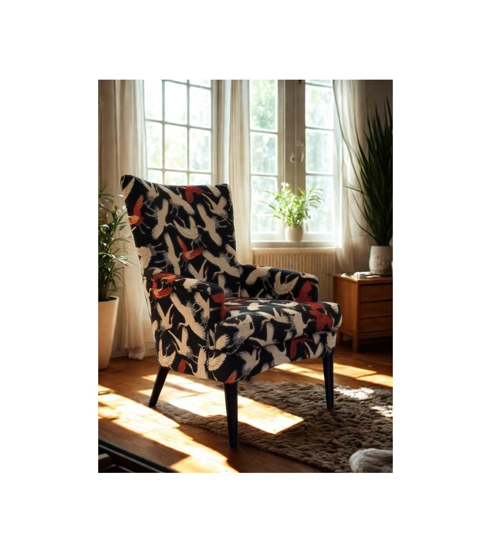 Fauteuil Silver GRANDBIRD tissu oiseaux – Style japonais 98 cm Fauteuil Silver GRANDBIRD tissu oiseaux – Style japonais 98 cm
