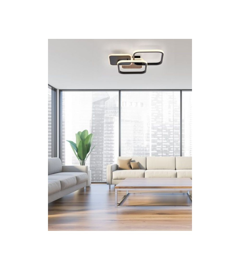 Plafonnier LED WOODLINE – Design noir et bois, lumière chaleureuse Plafonnier LED WOODLINE – Design noir et bois, lumière chaleureuse