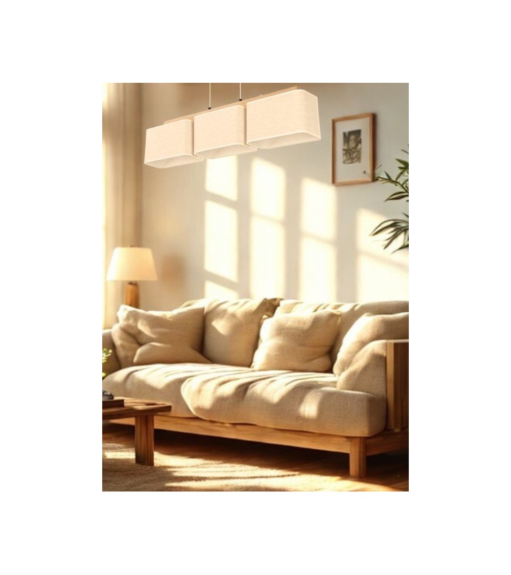 Suspension BOHO – Tissu lin & bois naturel, style épuré Suspension BOHO – Tissu lin & bois naturel, style épuré