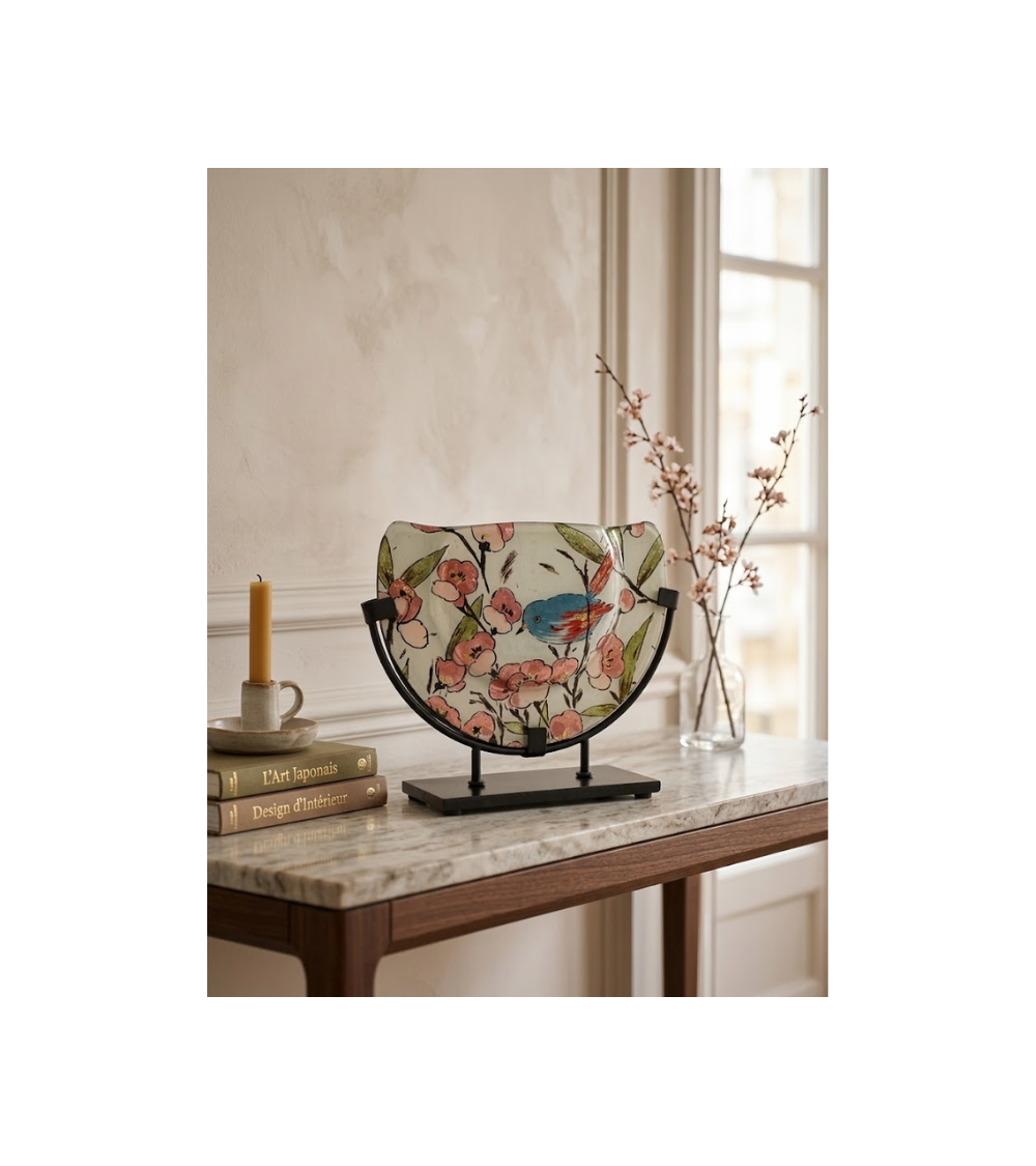 Vase sur pied GEMME décor floral et oiseau en verre | Lumiland
