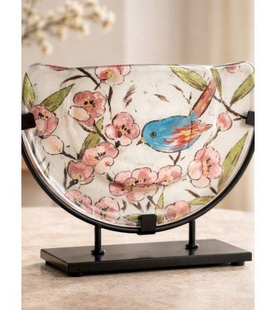 Vase sur pied GEMME décor floral et oiseau en verre | Lumiland