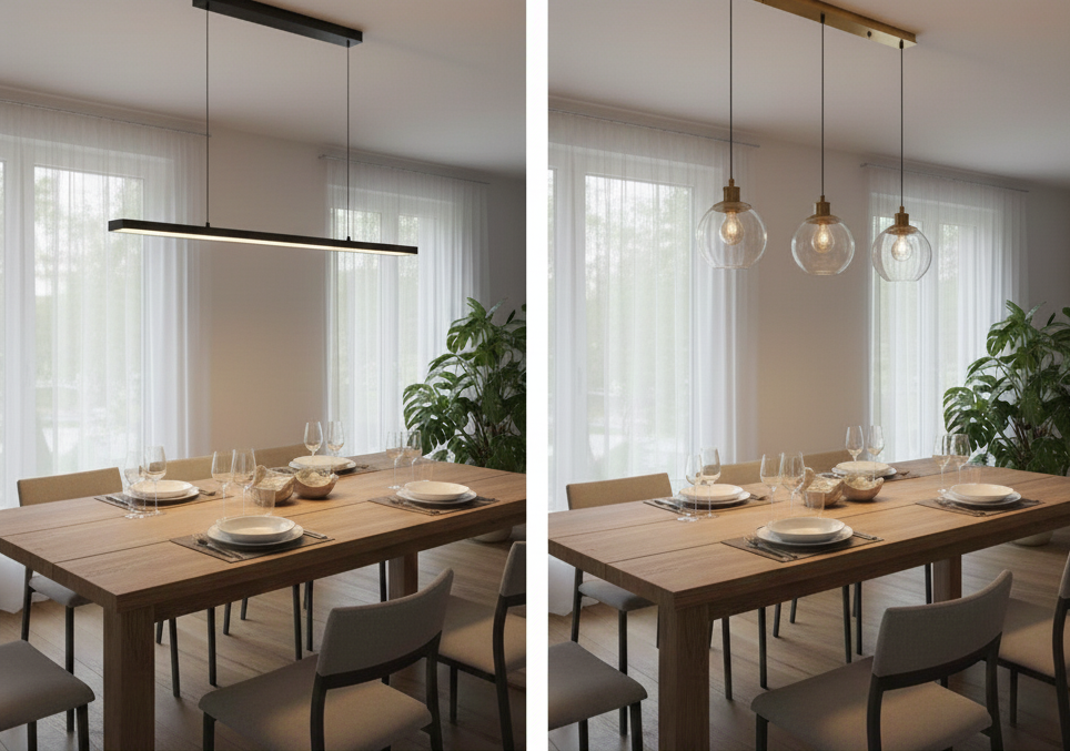 Suspension unique ou multiple au-dessus d’une table rectangulaire