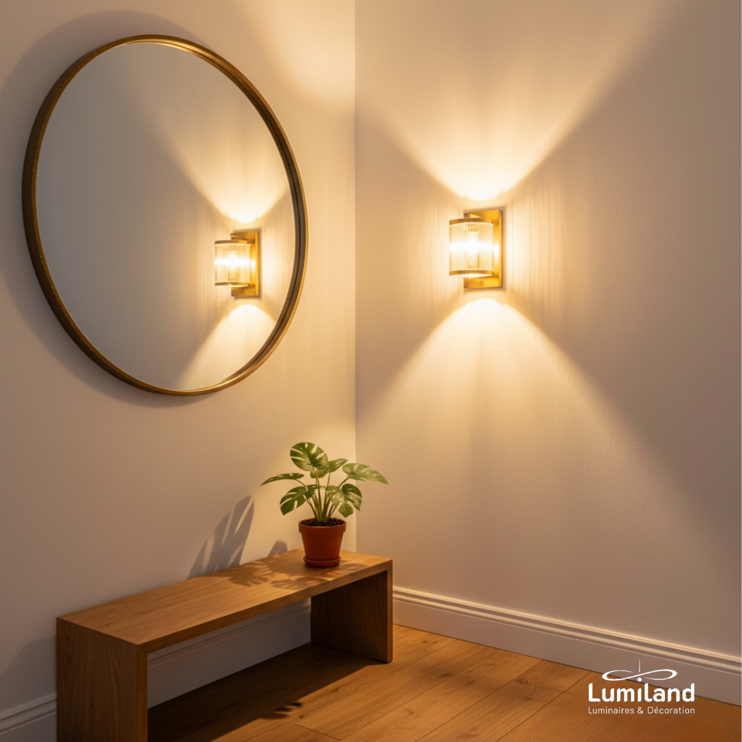 Décoration murale élégante montrant un miroir rond reflétant une applique murale design, multipliant la lumière et agrandissant visuellement un salon.