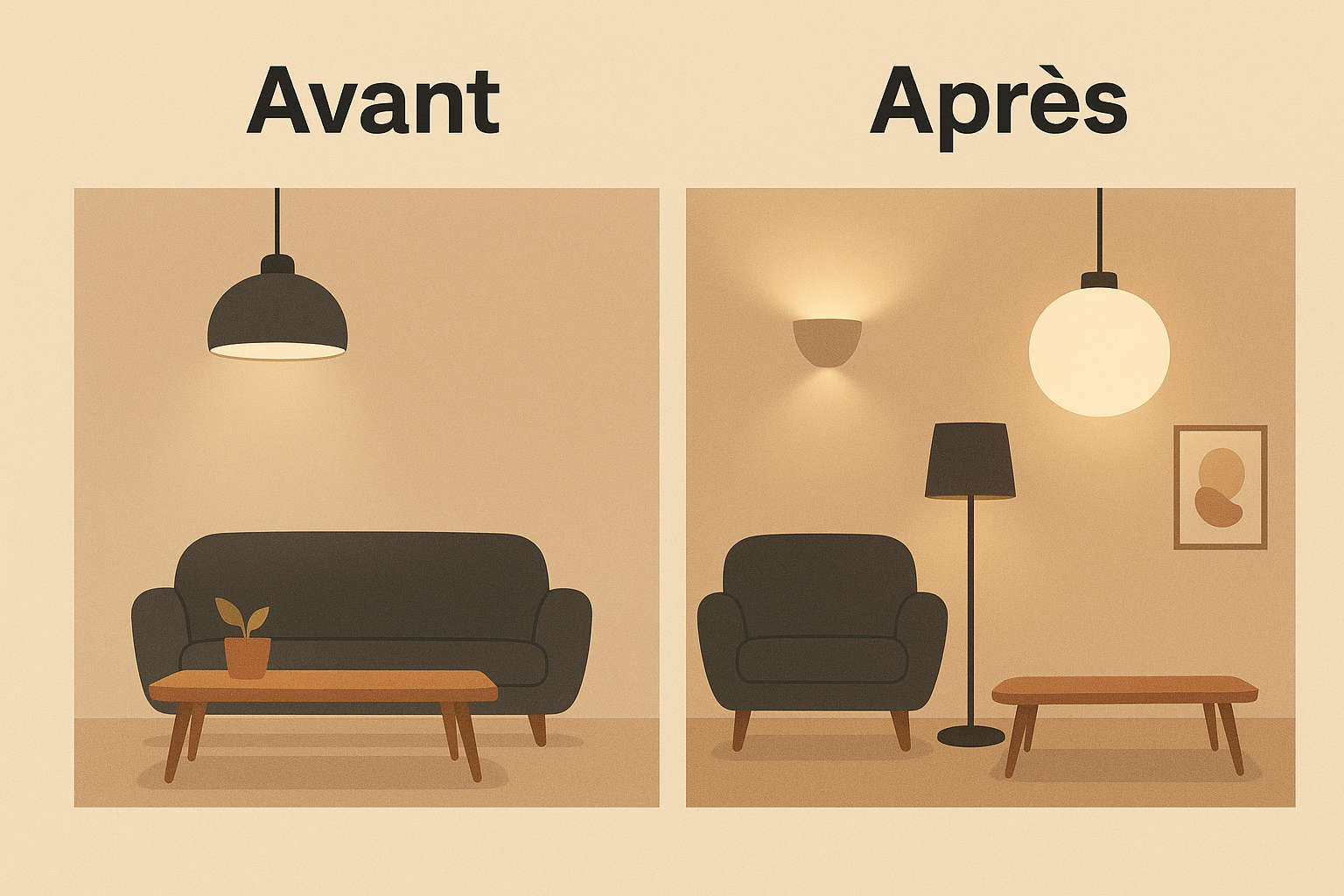 Salon décoré avec plusieurs sources lumineuses combinant éclairage direct, indirect et diffus