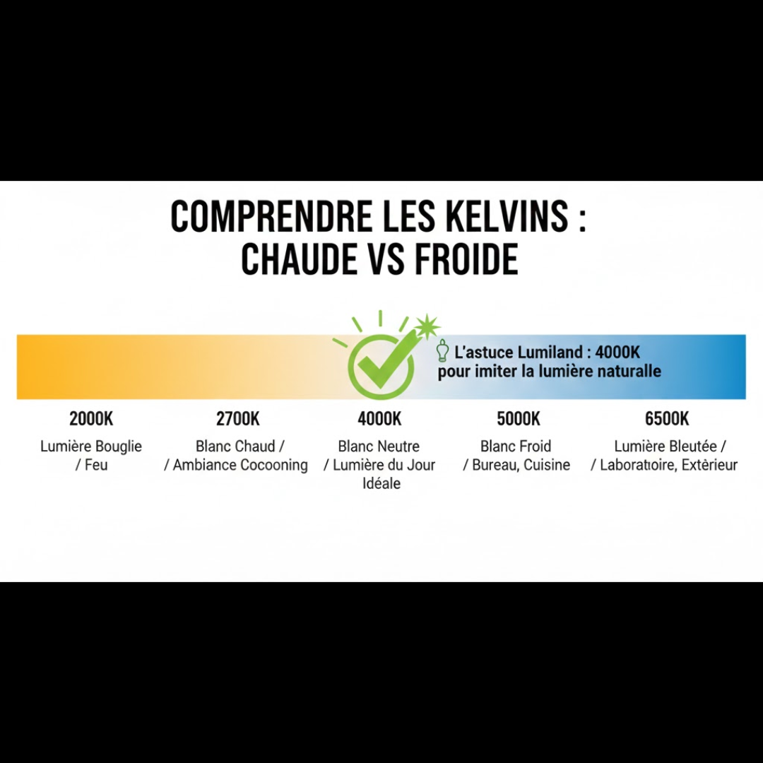 Infographie expliquant la différence entre lumière chaude (2700K), lumière neutre (4000K) et lumière froide (6500K) pour choisir l'ampoule idéale.